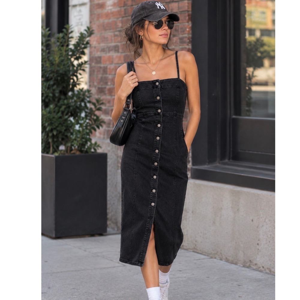 Habitual Black Denim Button Front Midi Dress Y2K Grunge Dark Feminine Sz 8/29